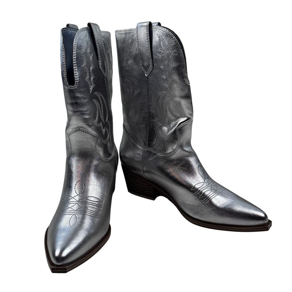 Nine West Yodown Metallic Silver Western Cowgirl Festival Boots Women's Size 8